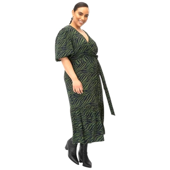 Eloquii Elements Green and Black Animal Print Faux Wrap Dress - Picture 1 of 7